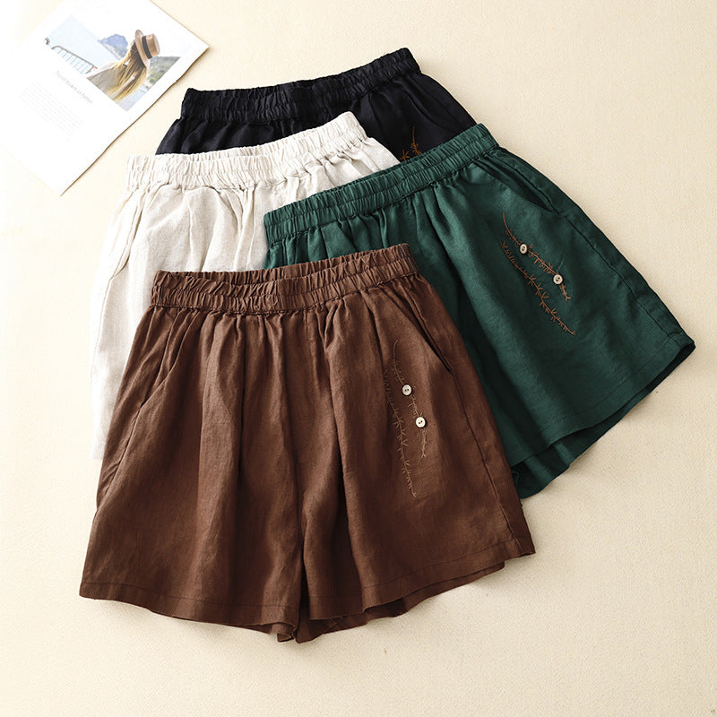Women’s Vintage Embroidery Cotton Linen Shorts | Lightweight Breathable Casual Summer Shorts