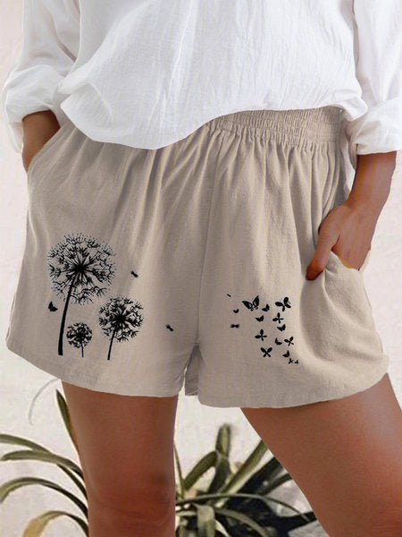Women’s High Waist Dandelion Print Shorts | Cotton Linen Breathable Summer Casual Shorts