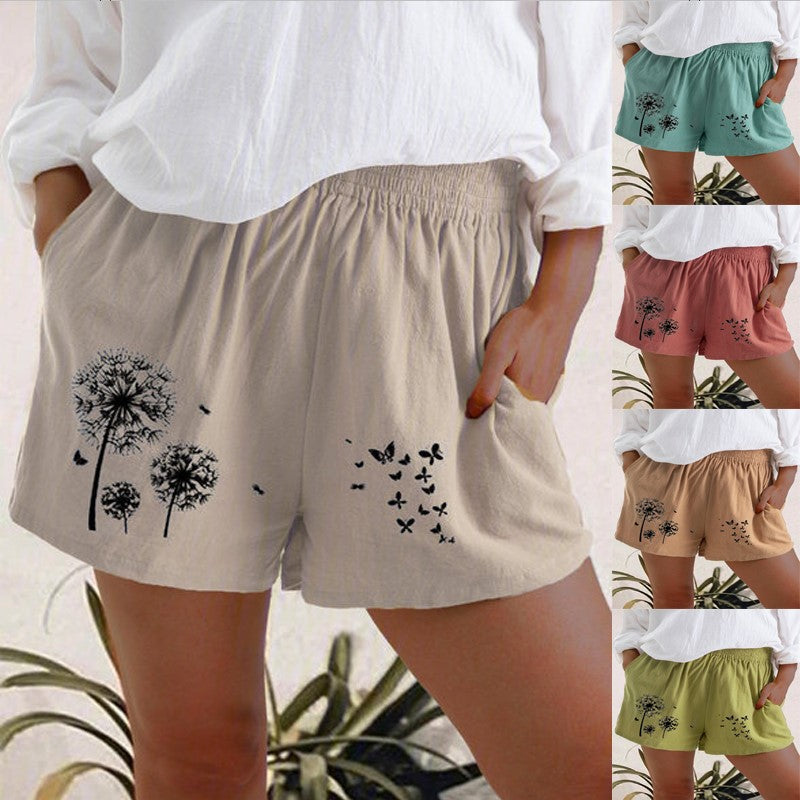 Women’s High Waist Dandelion Print Shorts | Cotton Linen Breathable Summer Casual Shorts