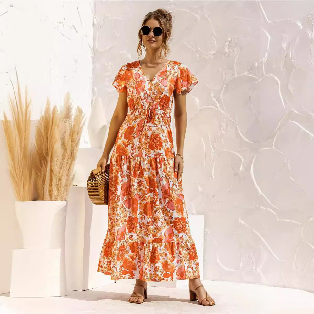 Women’s V-Neck Lace-Up Summer Dress | Floral Button Short Sleeve Dress for Casual, Vacation and Everyday Wear