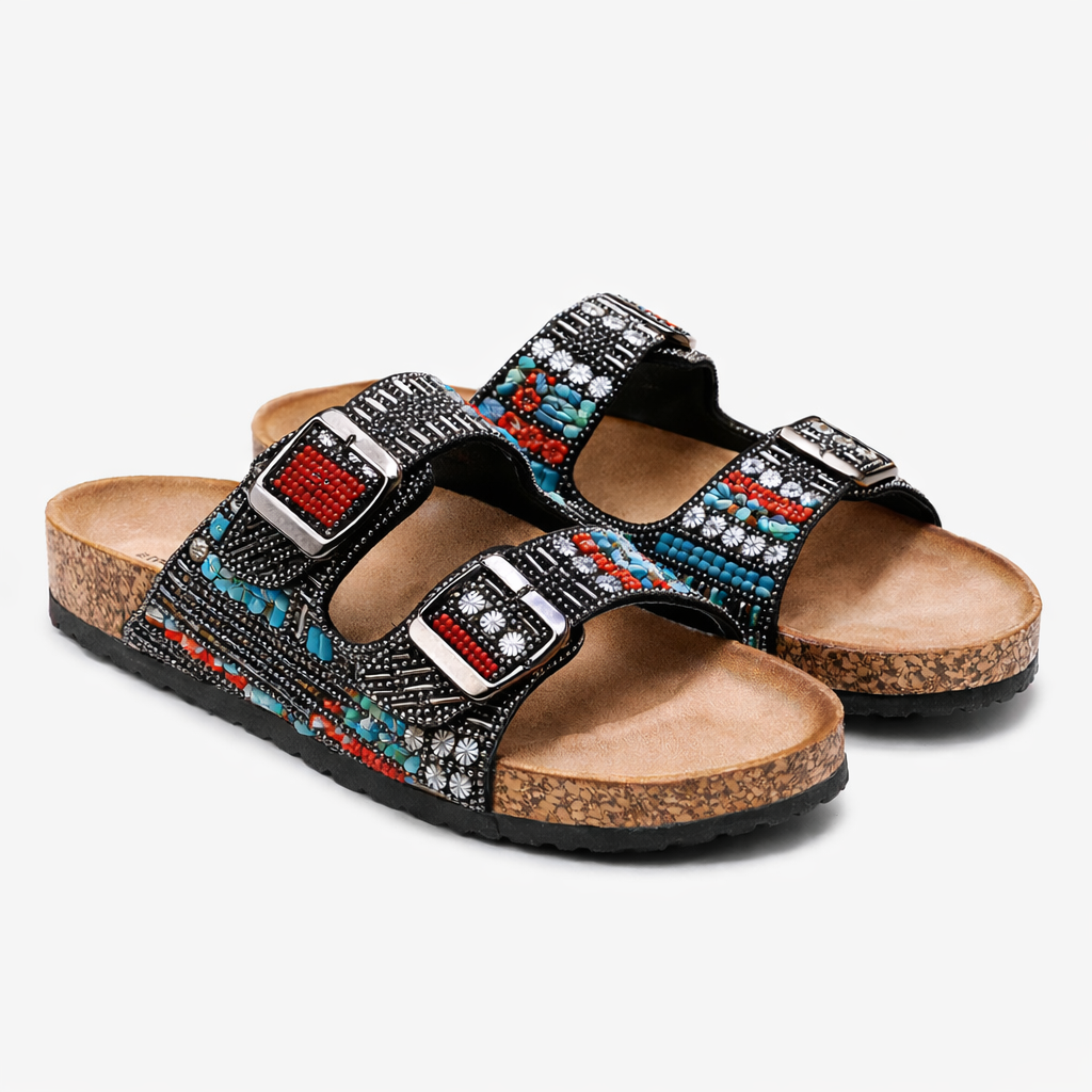 Women’s Retro Ethnic Slippers with Gold Buckle | Stylish Embellished Flip Flops for Casual & Festive Wear