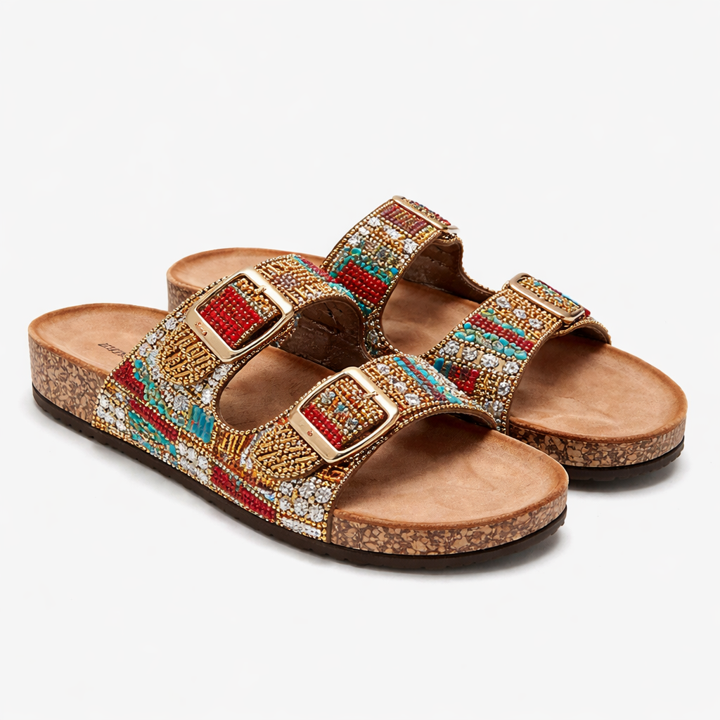 Women’s Retro Ethnic Slippers with Gold Buckle | Stylish Embellished Flip Flops for Casual & Festive Wear