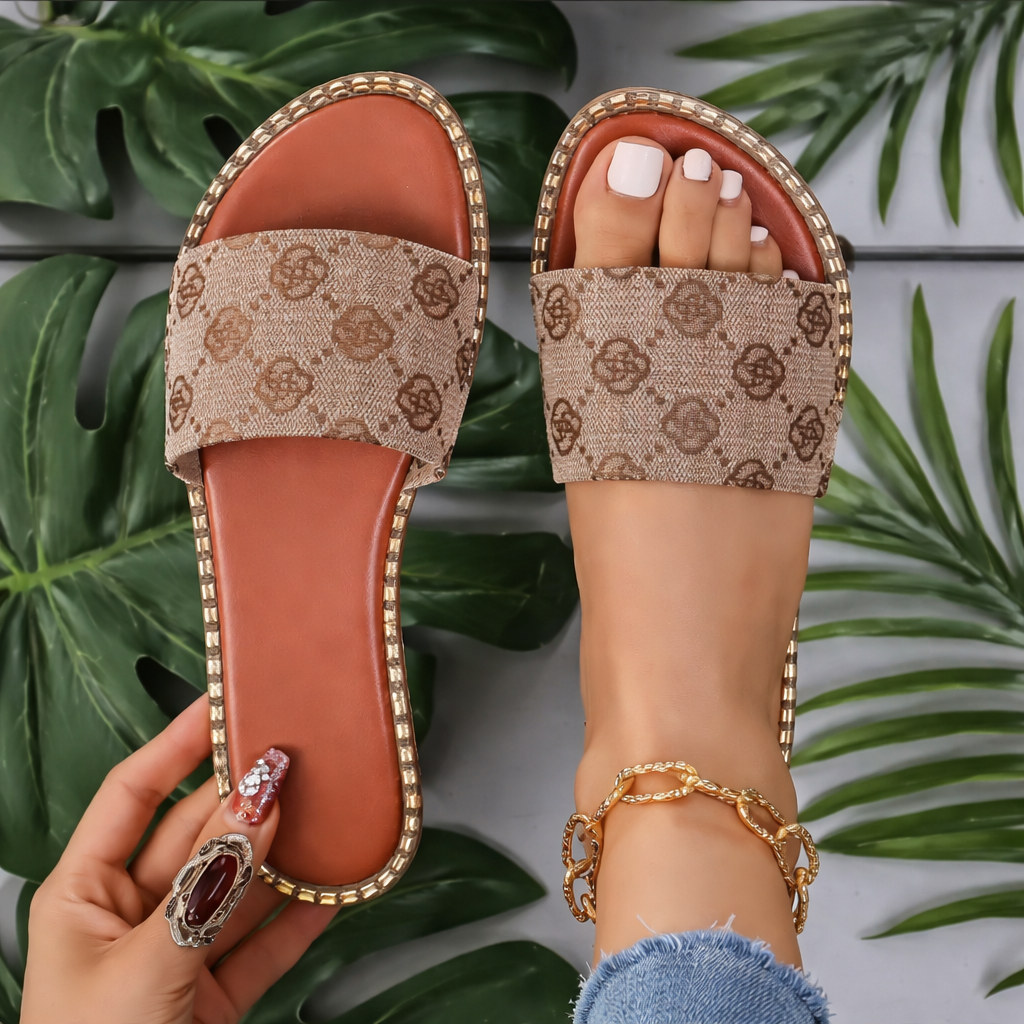 Women’s Floral Print Flat Sandals | Lightweight Non-Slip Summer Slides for Beach, Vacation and Everyday Wear