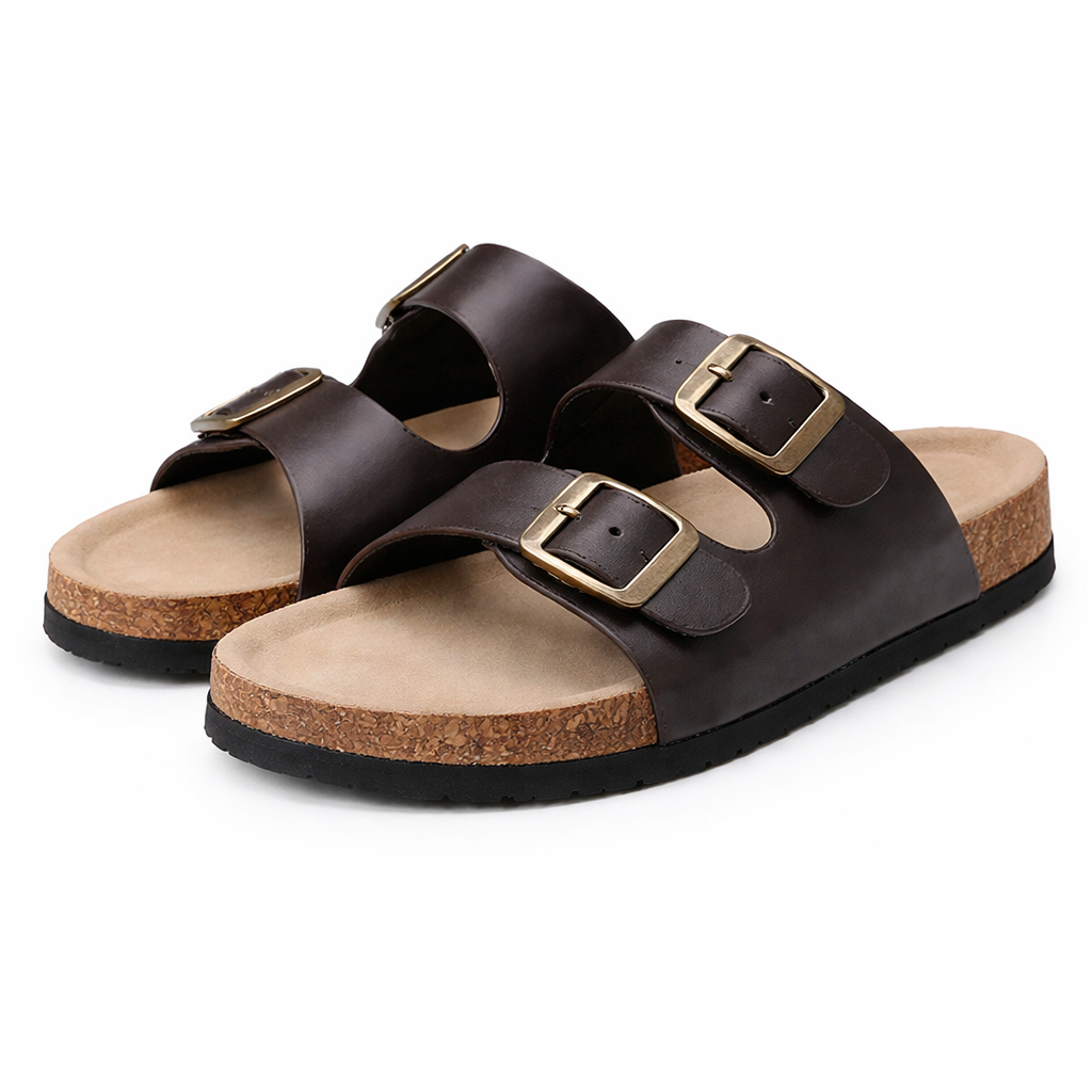 Women’s Two Buckle Cork Sandals – Comfortable Casual Flat Summer Slippers