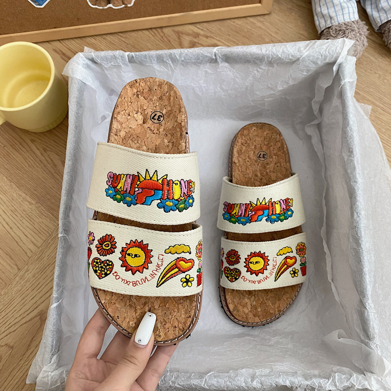 Women’s Cork Sole Embroidered Sandals | Summer Comfort Slides for Casual, Beach and Everyday Wear