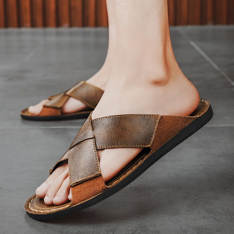 Men Genuine Leather Sandals | Breathable Slip On | Casual Beach Summer | Outdoor Wear