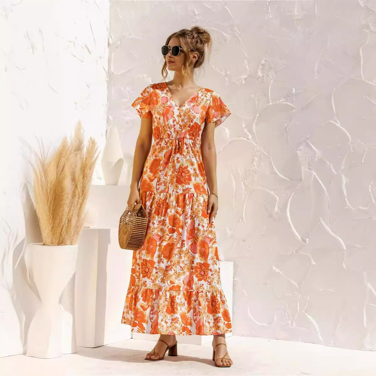 Women’s V-Neck Lace-Up Summer Dress | Floral Button Short Sleeve Dress for Casual, Vacation and Everyday Wear