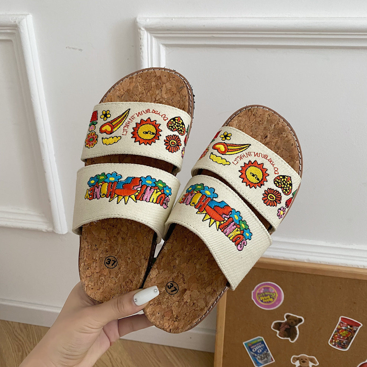 Women’s Cork Sole Embroidered Sandals | Summer Comfort Slides for Casual, Beach and Everyday Wear