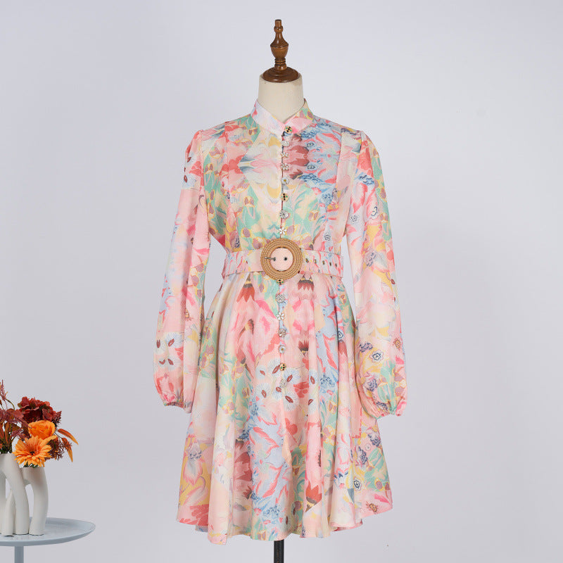 Women’s Puff Sleeve Belted Summer Jumpsuit Dress | Elegant Stand Collar Casual Outfit for Office, Party and Vacation Wear