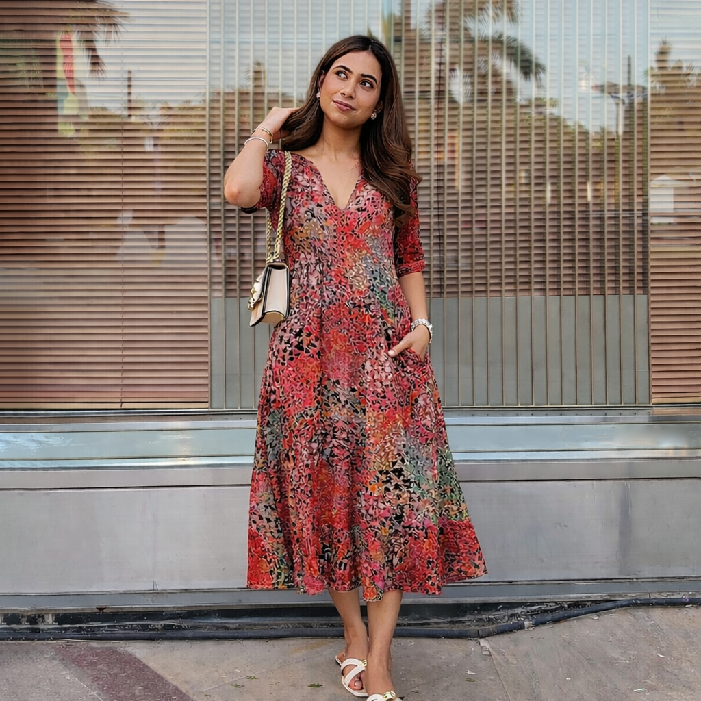 Stylish V-Neck Summer Dress for Women | Lightweight Ethnic Print Flowy Dress with Pockets for Beach and Casual Wear