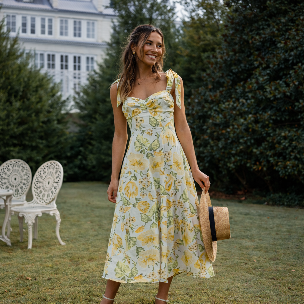 Women’s Printed Lacing Strap Summer Dress | Mid-Length Flowy Dress for Casual, Beach and Vacation Wear