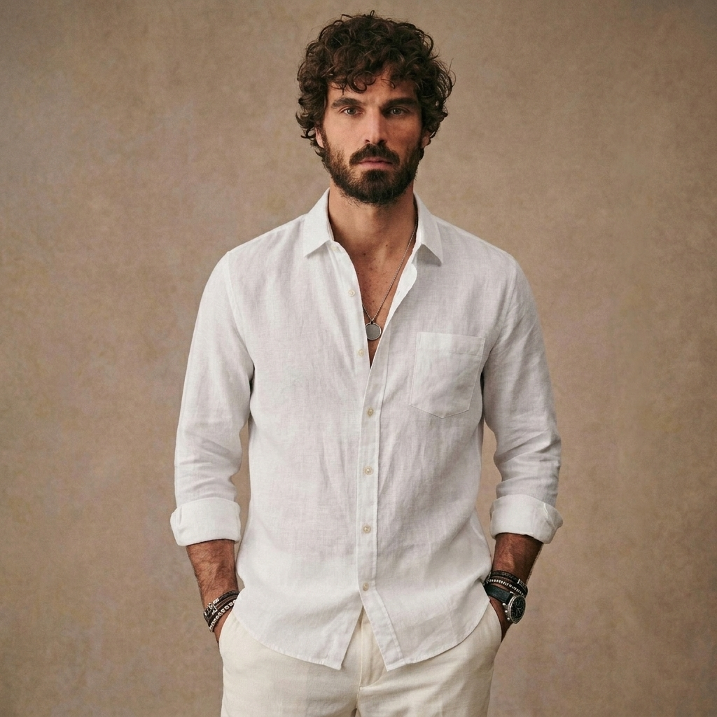 Men Long Sleeve Casual Linen Shirt | Loose Fit Solid Button Down | Everyday Wear Shirt