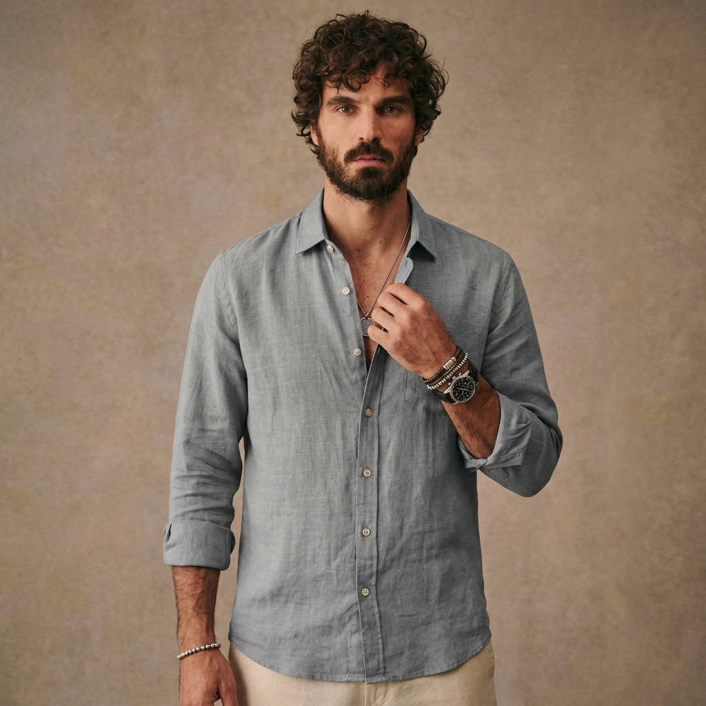 Men Long Sleeve Casual Linen Shirt | Loose Fit Solid Button Down | Everyday Wear Shirt