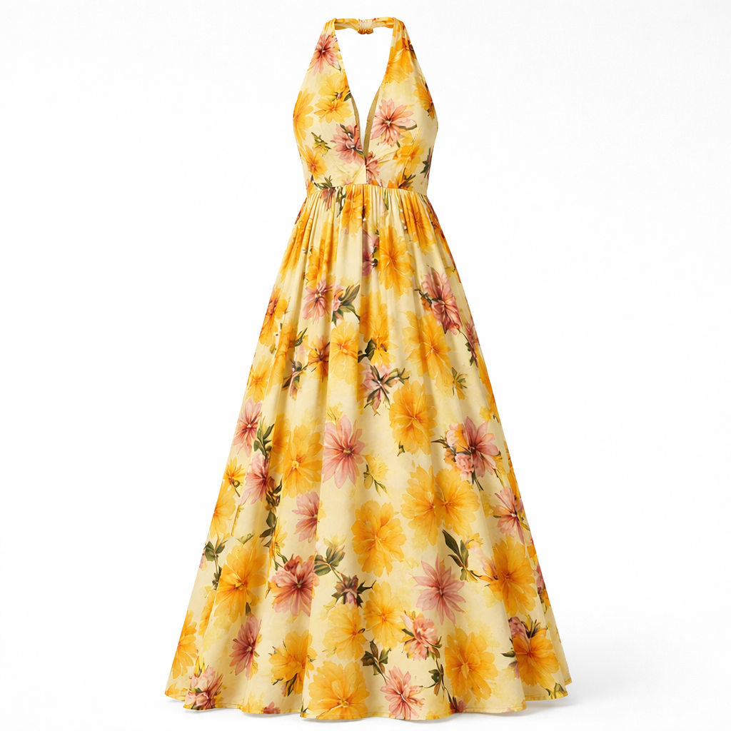 Women’s Printed V-Neck Summer Slip Dress | Long Defined Waist Flowy Dress for Casual, Vacation and Beach Wear