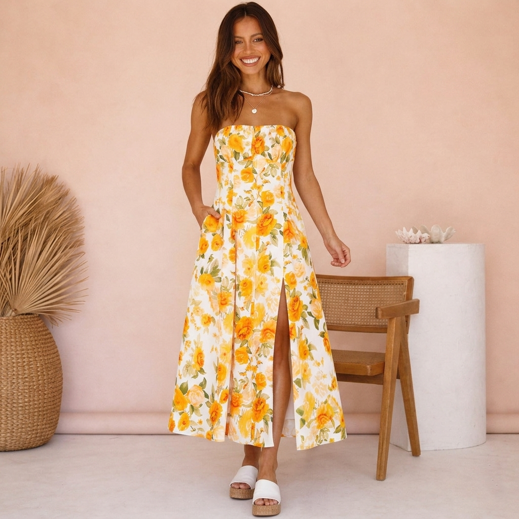 Women’s Floral Tube Top Summer Dress | French Style Strapless Vacation Dress for Beach, Party and Holiday Wear