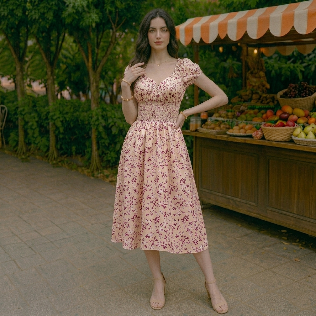 Women’s Vintage Floral Puff Sleeve Summer Dress | French Style Flowy Midi Dress for Casual, Vacation and Party Wear