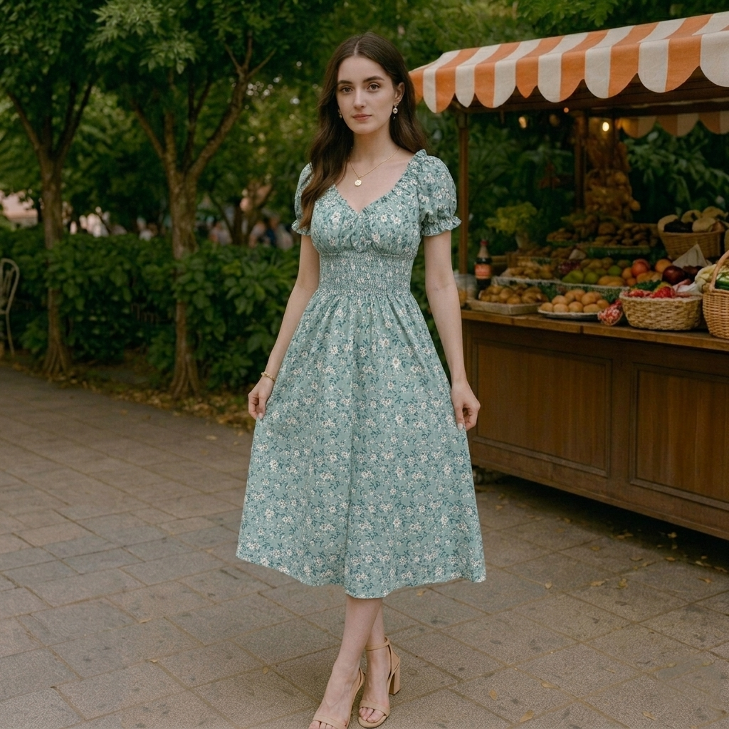 Women’s Vintage Floral Puff Sleeve Summer Dress | French Style Flowy Midi Dress for Casual, Vacation and Party Wear