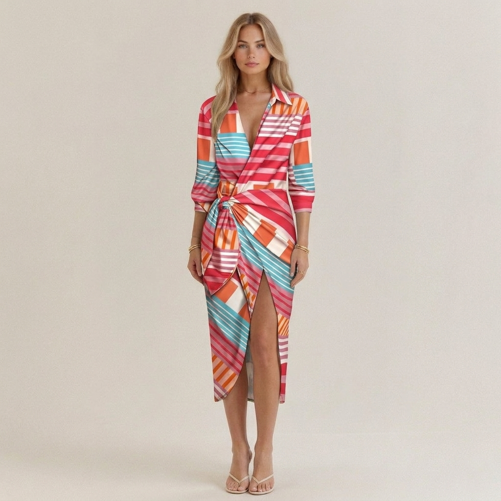 Women’s Striped Shirt Collar Summer Dress | Mid-Length Casual Lacing Dress for Office, Vacation and Everyday Wear