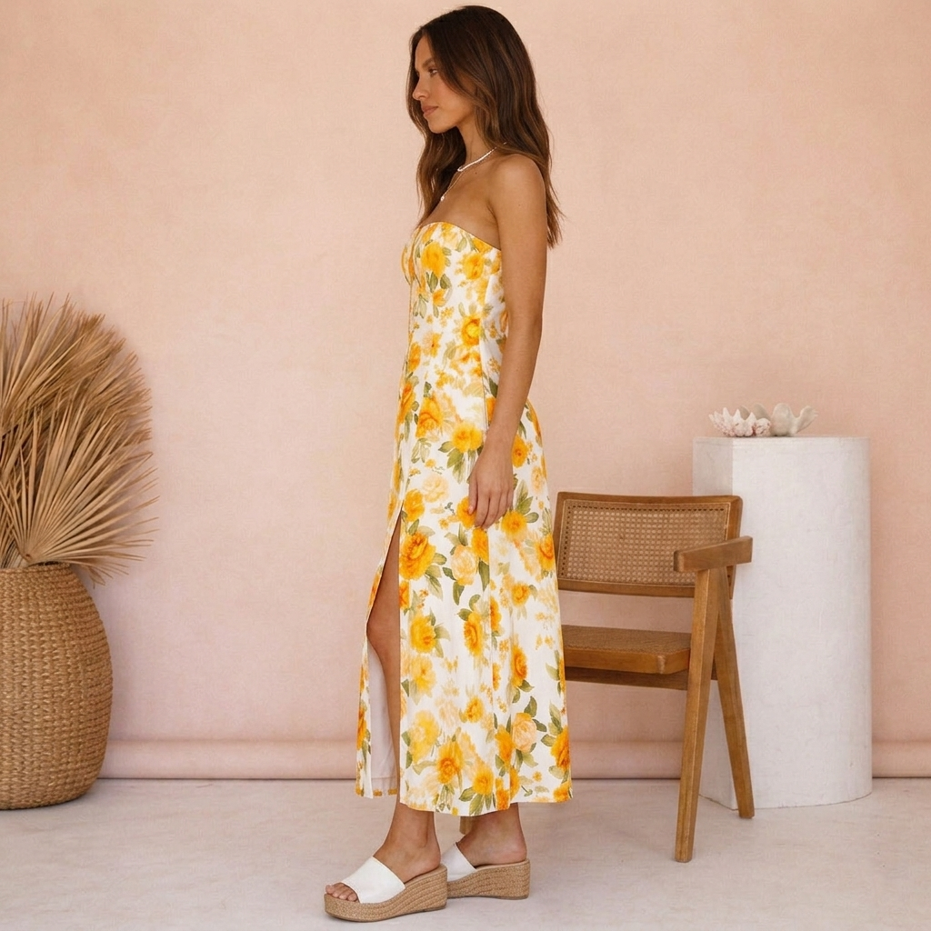 Women’s Floral Tube Top Summer Dress | French Style Strapless Vacation Dress for Beach, Party and Holiday Wear